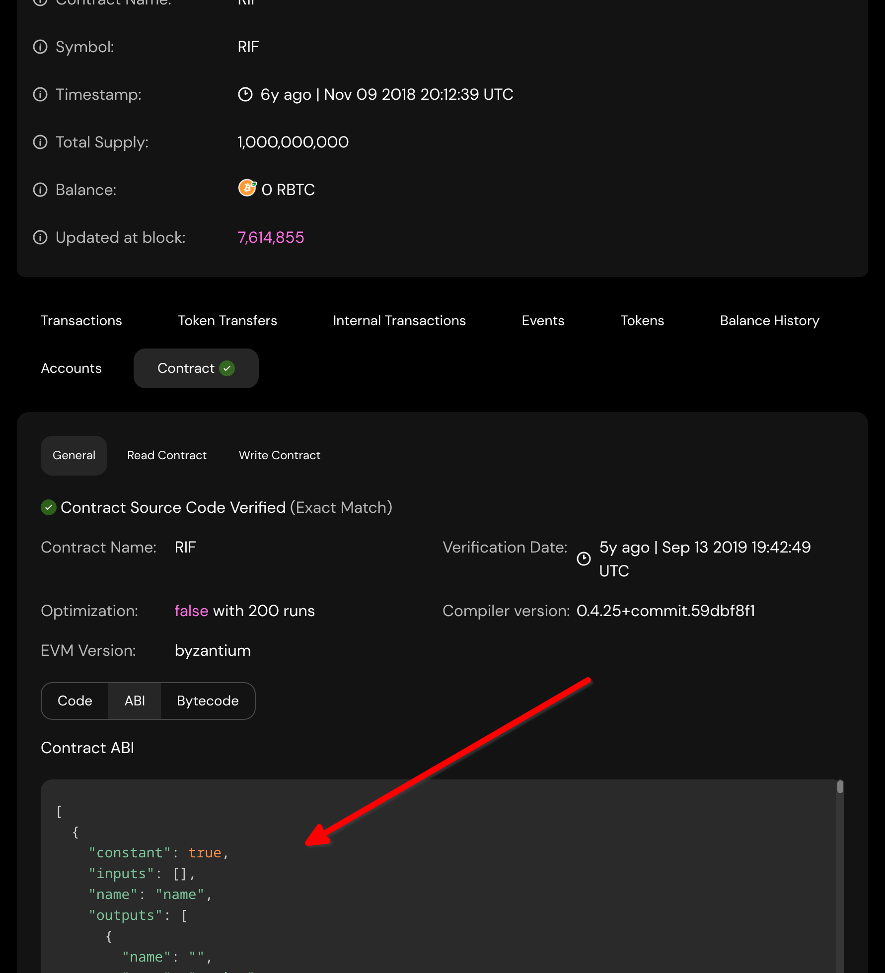 RIF token in Rootstock explorer